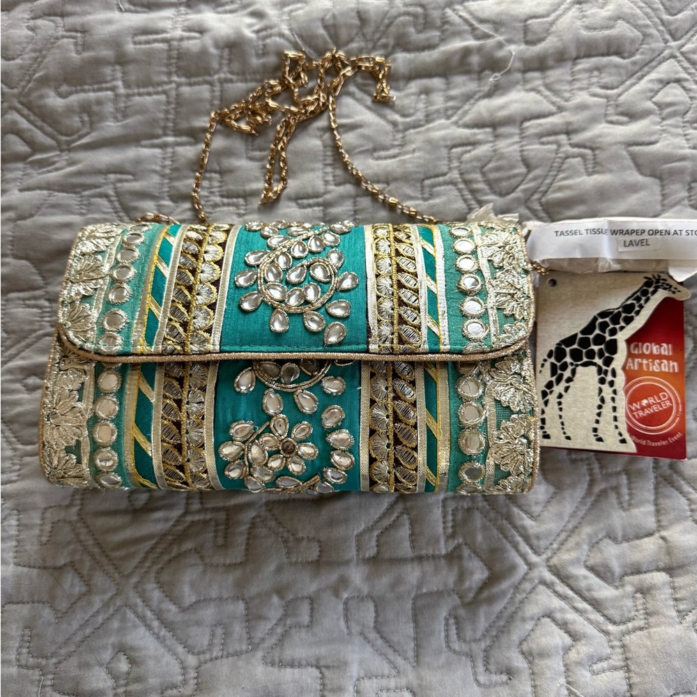 Global Artisan Teal and Gold Embroidered Clutch